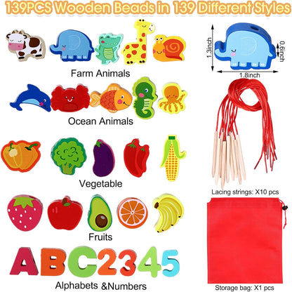 Shappy 139 Pcs Montessori Educational Wooden Lacing Beads Toys for Farm Animals Fruits Lacing Beads Stringing Fine Motor Skills Toy