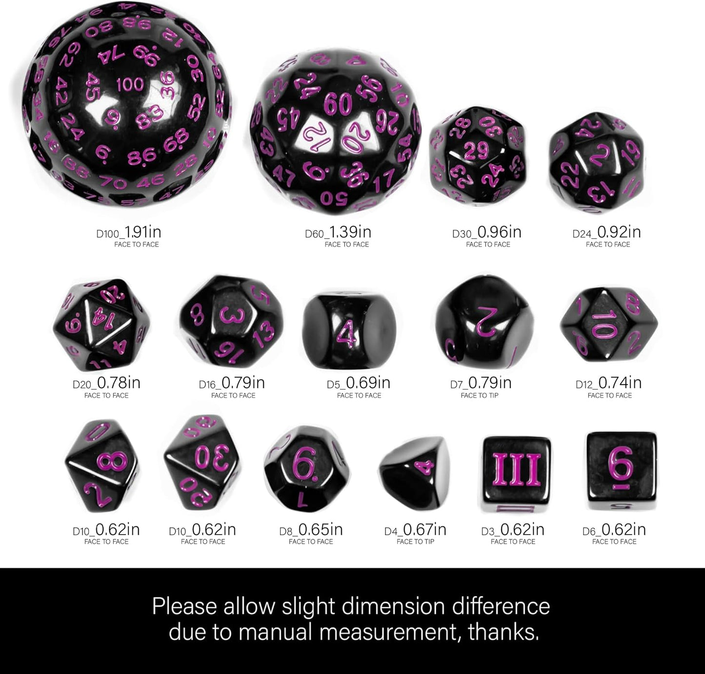 15 Pieces Complete Polyhedral DND Dice Set D3-D100 Spherical D&D Dice Set with Dragon Eye Dice Bag, D100 Dice for RPG Table Games(Black w/Purple Numbers)