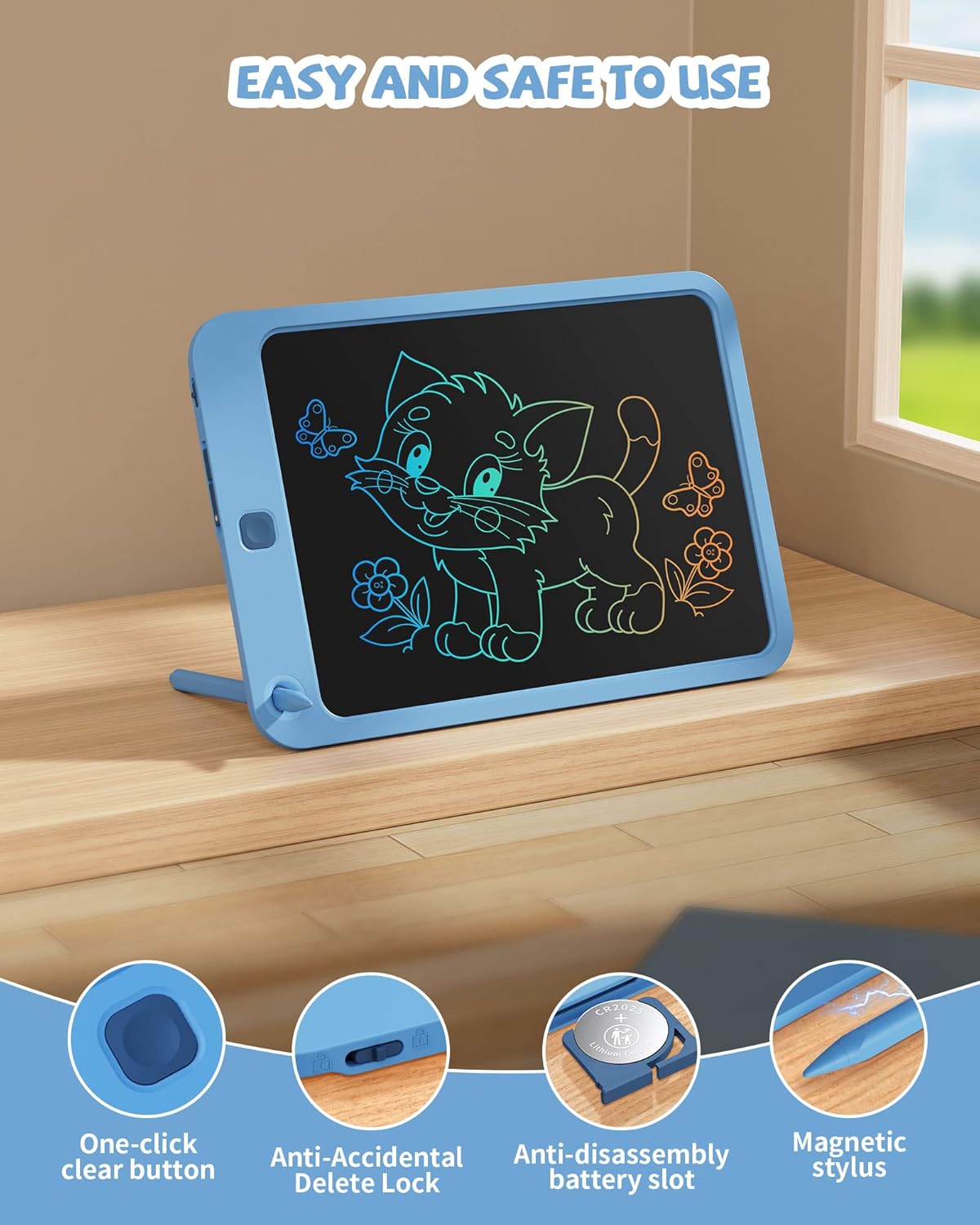 LCD Writing Tablet 10 Inch, Toys for 3 4 5 6 7 8 9 10 Year Old Boys Girls, Colorful Doodle Board Drawing Tablet, Gift for Boys Toddlers Age 3-12 Years, Memo Board, Drawing Pads with Lanyard(Blue)