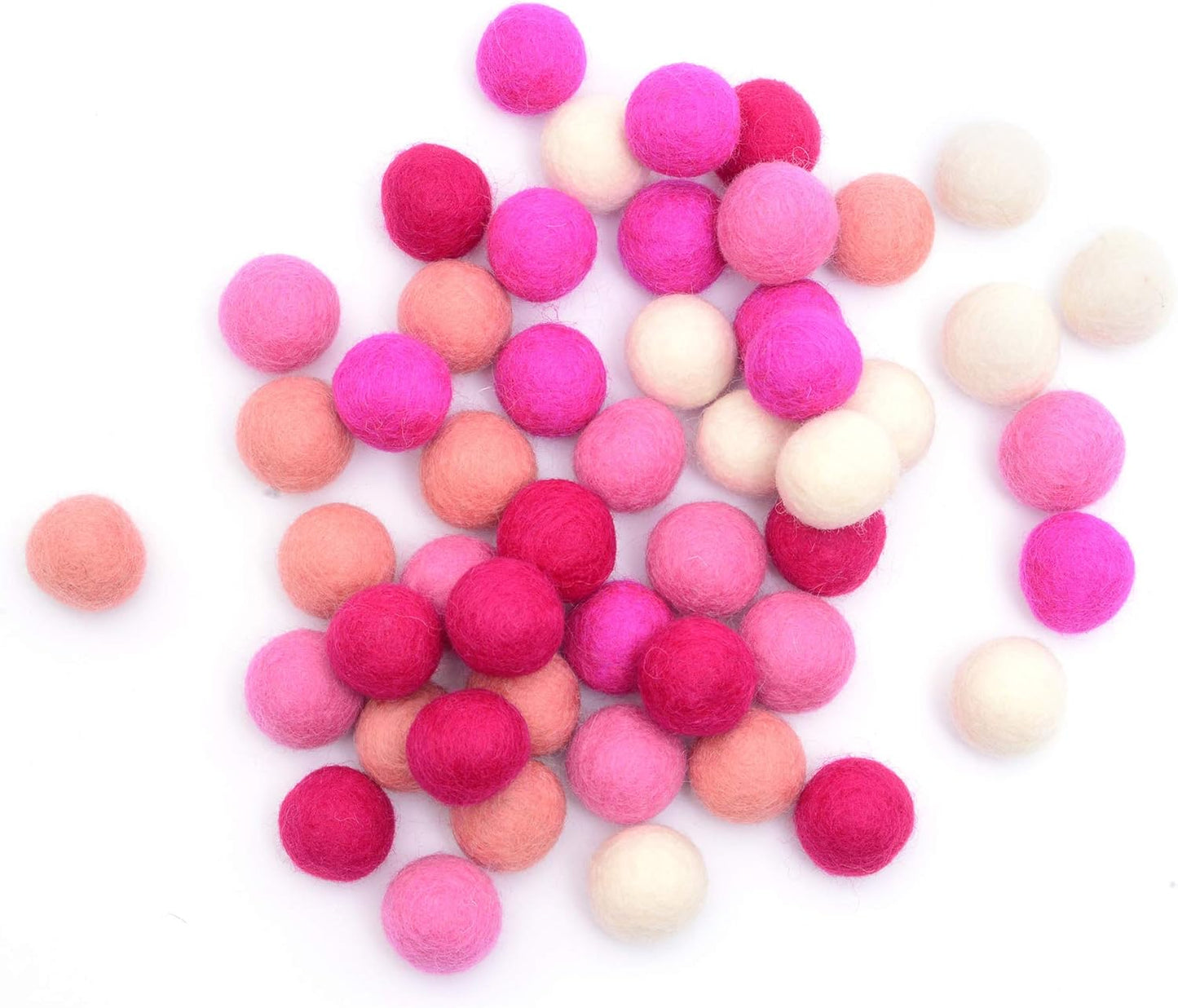 Glaciart One Wool Felt Balls (50 Pieces) 2.5 Centimeters - 1 Inch, Handmade Felted 5 Valentines Colors (Baby Pink, Medium Pink, Magenta and More) - Bulk Small Puff for Felting and Garland