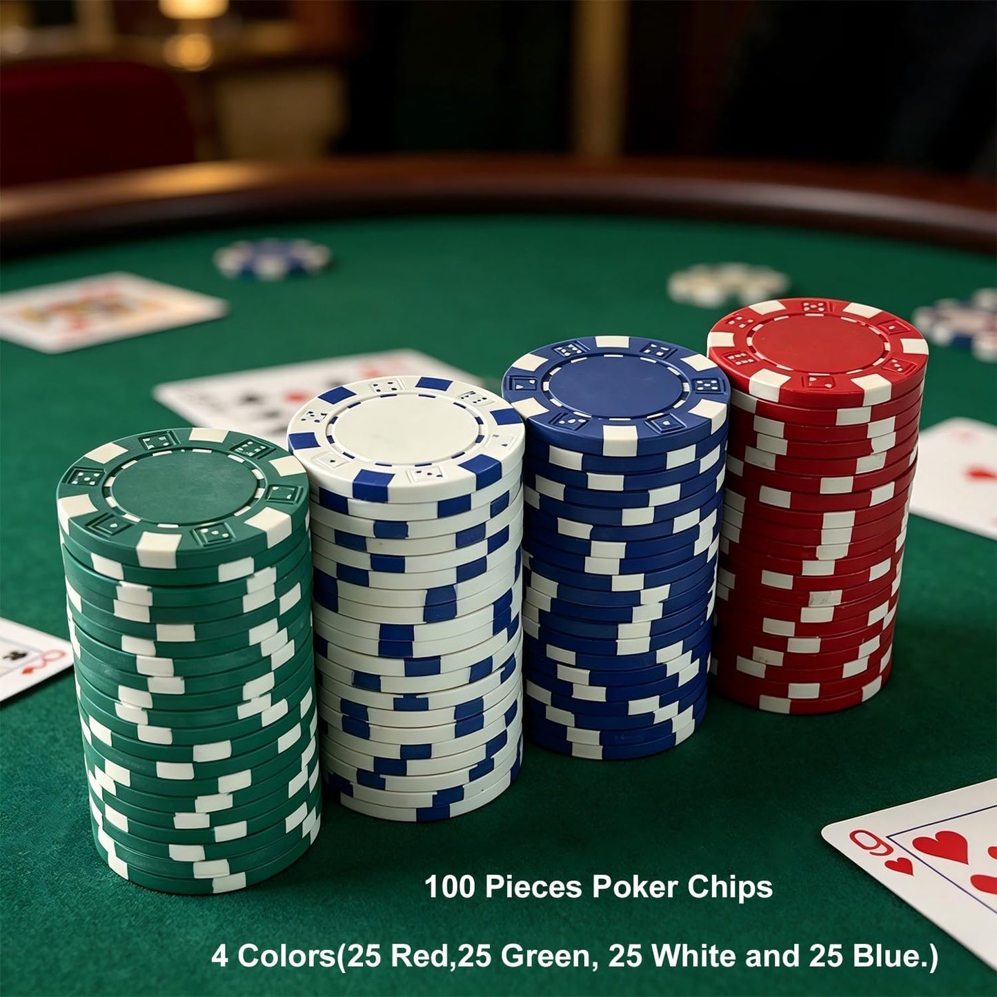 SEETOOOGAMES 100 Pieces 11.5g Clay Composite Dice Striped Casino Poker Chips- 4 Colors (red, Green, White and Blue)
