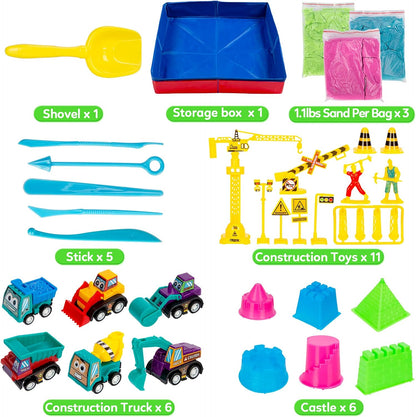GarveeLife Kids Sand Kit, 43PCS Set w/Tools, 6 Construction Trucks & Castle Molds, Foldable Sand Box Storage Bin Tote, Toys for Boys Girls