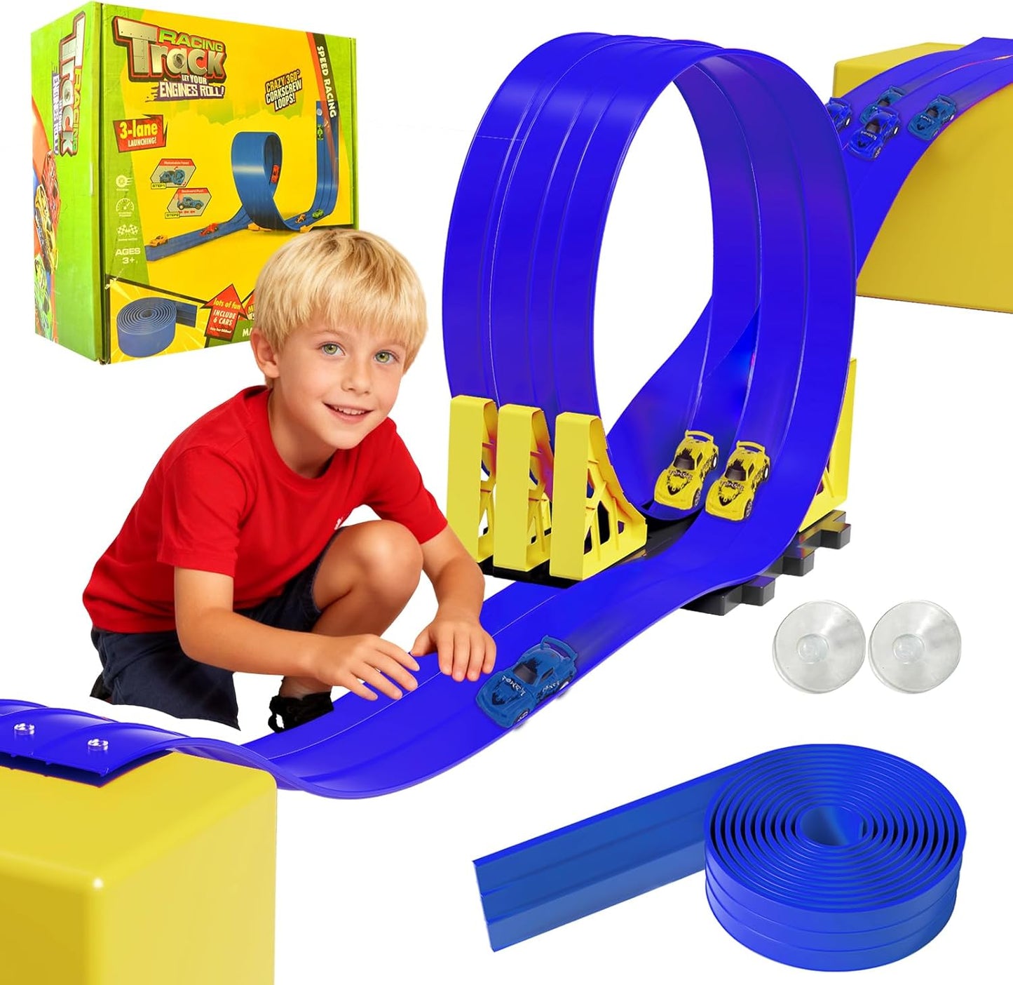 16.5ft Build Anywhere Portable Race Track with Suction Cups - Flexible Roll-Up Design Fits 1/64 Scale Cars, Portable Toy Gift for Kids 4+ Year Old (3 Tracks/Red)
