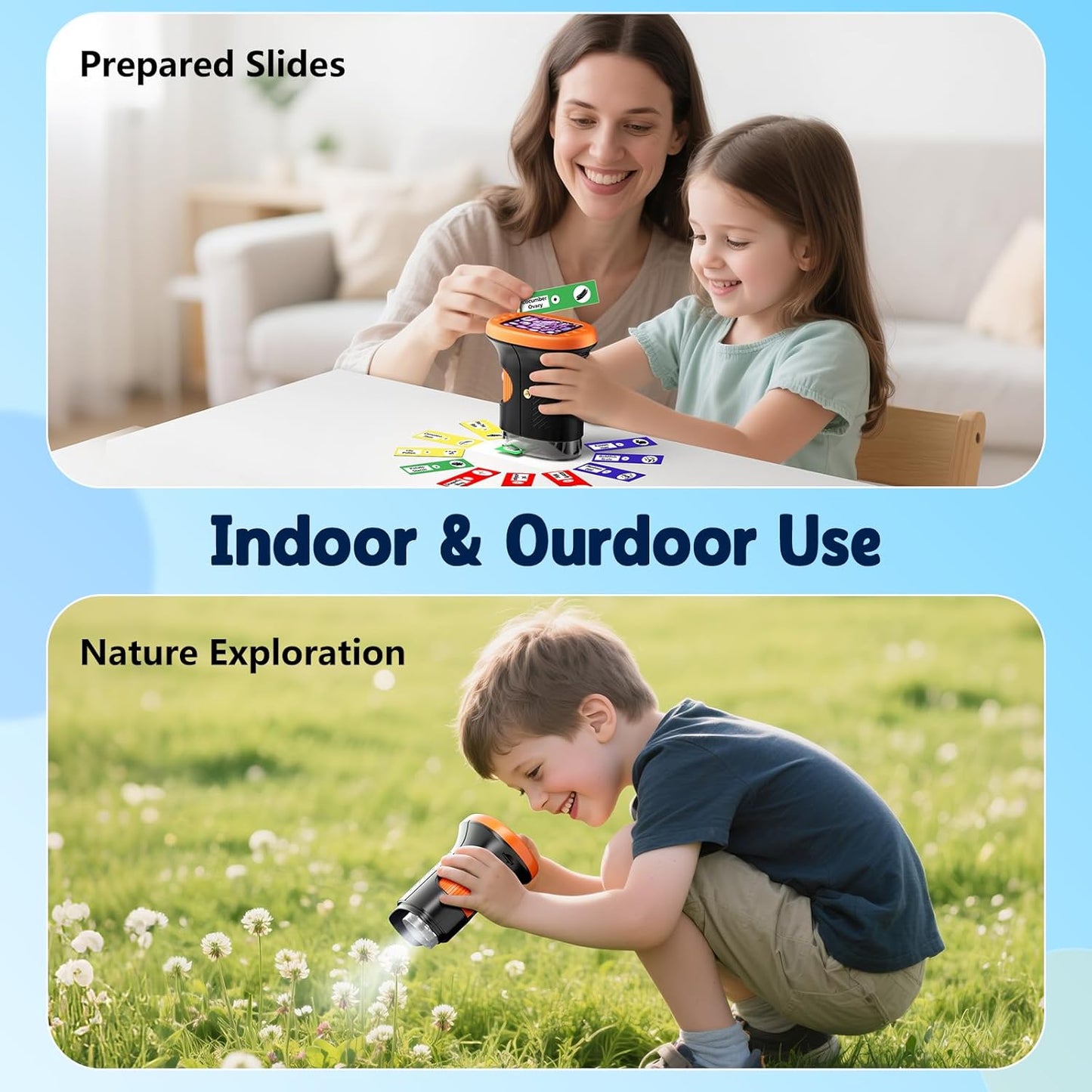 Odatay 4K 1000X Digital Microscope for Kids with Long Distance Viewing & 2.4" Screen, Portable Handheld Edu Toys for Kids Age 3-12 Exploring Bugs Plants at Home Classroom & Outdoor Travel, Yellow