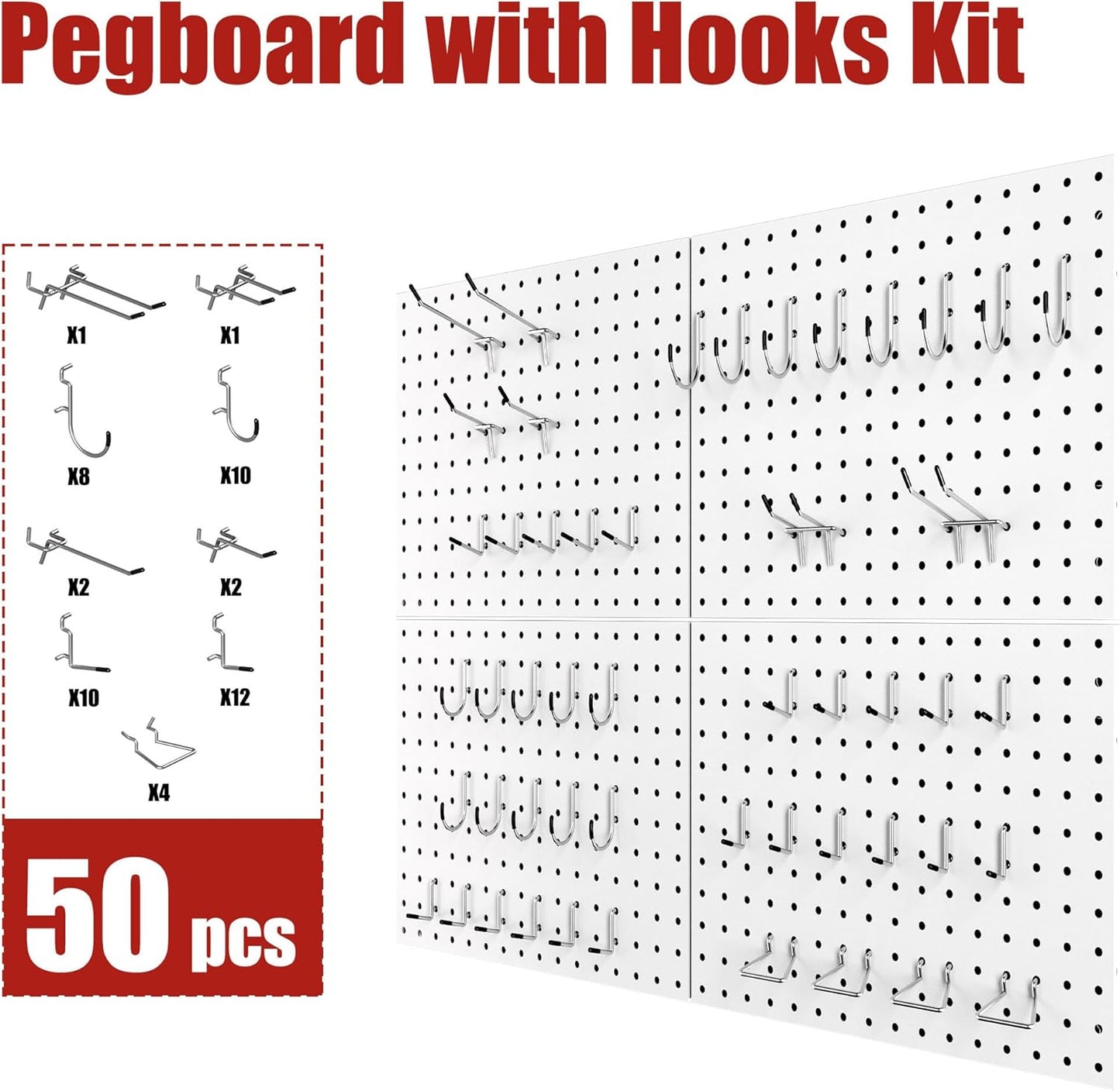4 Pack Metal Pegboard Panels with 50 Hooks, Black Pegboard Wall Organizer, Pegboard Accessories, Heavy Duty Garage Tool Storage System for Workbench, Workshop, Office, Craft Room