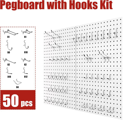 4 Pack Metal Pegboard Panels with 50 Hooks, Black Pegboard Wall Organizer, Pegboard Accessories, Heavy Duty Garage Tool Storage System for Workbench, Workshop, Office, Craft Room