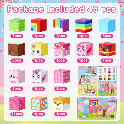 QOUBAI 45PCS Mini Magnetic Blocks Travel Toys, Magnet Building Cubes Tiles Set with Portable Iron Case, Learning Activities Gifts for Kids Toddlers Boys & Girls Ages 3-8 (Construction)