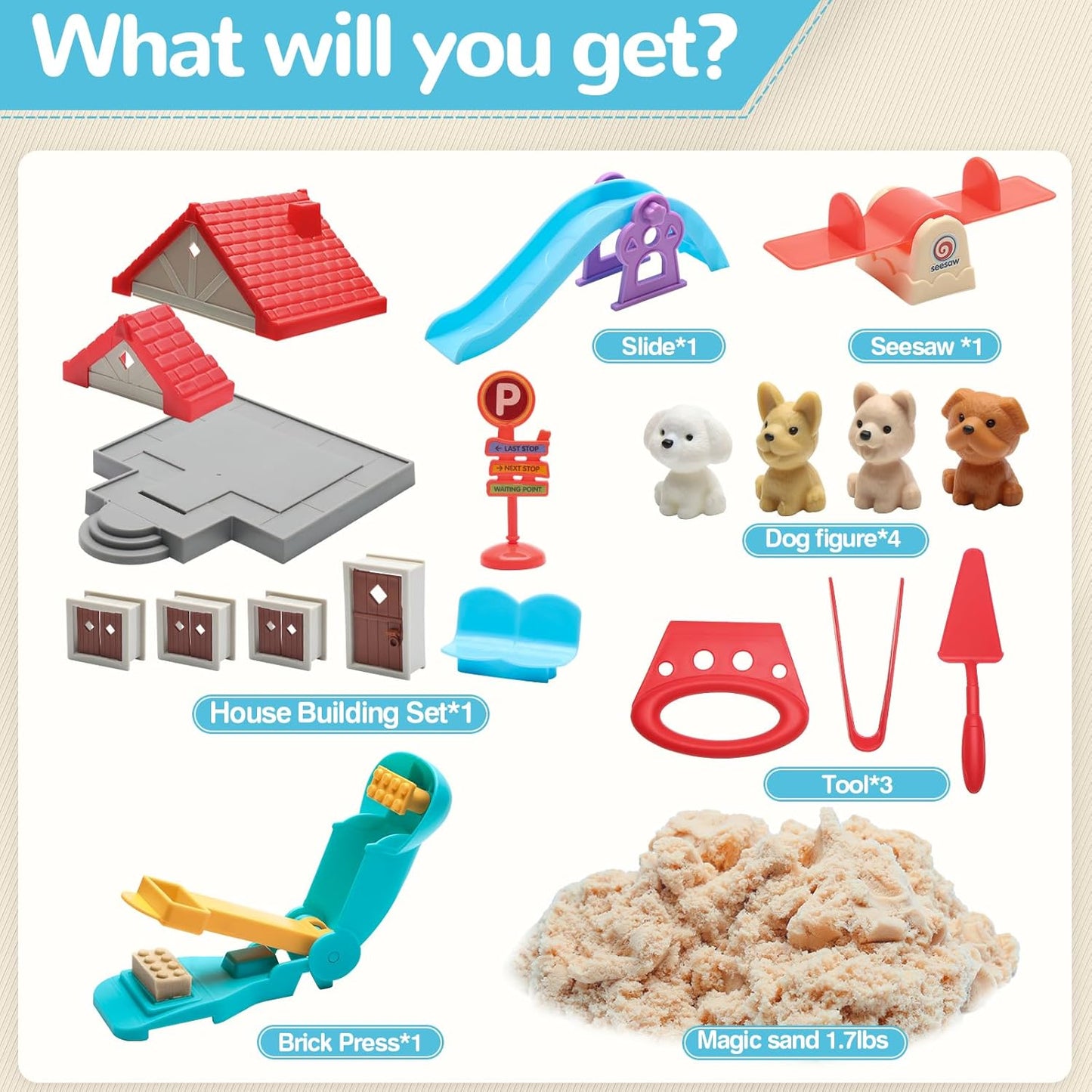 Crelloci House Building Play Sand Toys, House Mold 1.7lbs Magic Sand 4 Tools & Dog Slide Model, Construction Sensory Toy Magnetic Sand Set, Gift for Kids Boys Girls Age 3-8