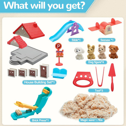 Crelloci House Building Play Sand Toys, House Mold 1.7lbs Magic Sand 4 Tools & Dog Slide Model, Construction Sensory Toy Magnetic Sand Set, Gift for Kids Boys Girls Age 3-8