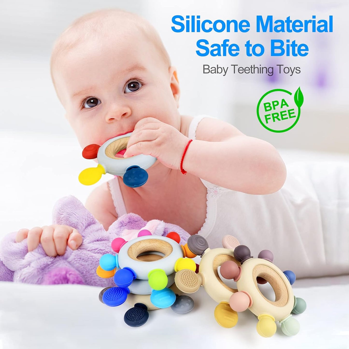 Baby Teething Toys Teething Rings Silicone Teethers for Babies 6-12 Months Baby Rattles & Plush Rings Sensory Toys for Soothing Sore Gums for Newborn Infant Essentials (Animals)