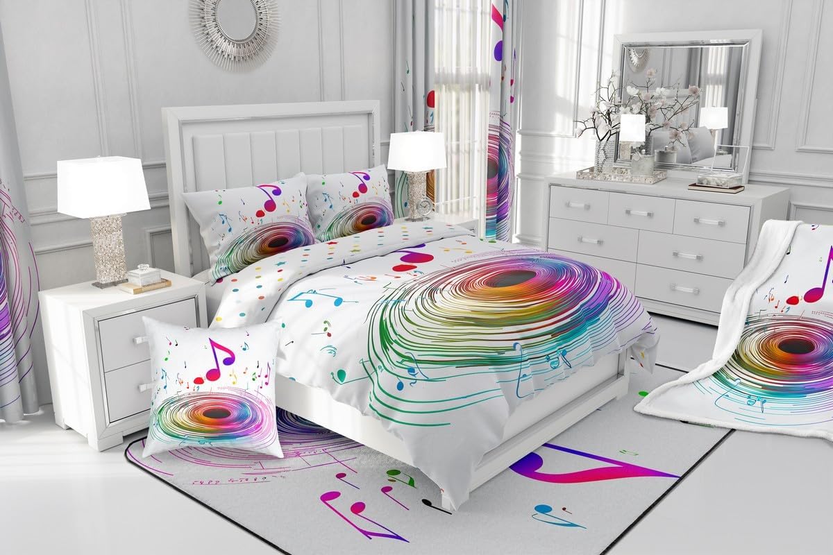 Drum Kit Comforter Cover Abstract Musical Instruments Bedding Set for Kids Boys Teens,Pop Music Duvet Cover Modern Rock Quilt Cover, Teal Laser Light Bedroom Decor Twin Size Blue Green Black
