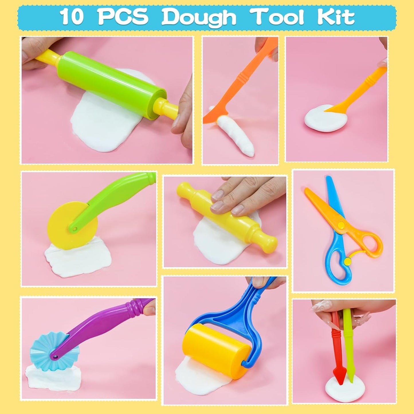 LCY WEDSHI Dough Tool Set, 9 Pcs Dough Tools Sets for Kids Ages 4-8, Dough Accessories Includes Cutters Roller, Rolling Pins, Safety Scissors, Plastic Knife, Plastic Rollers