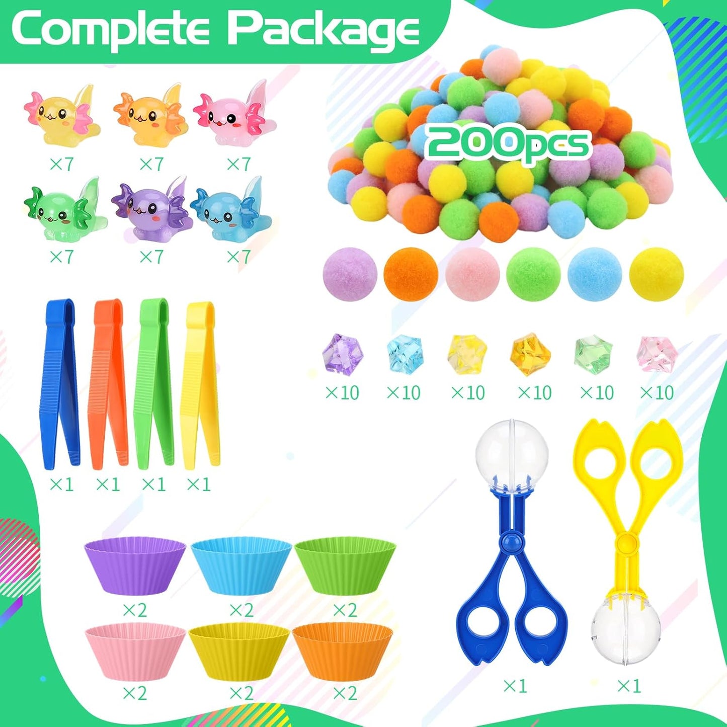 320 Pcs Sensory Bin Fillers Include 200 Pompoms 60 Simulated Ice Cubes 42 Resin Axolotl 12 Cups 4 Tweezers 2 Clips Fine Motor Skills Toys Set Sensory Table Filler