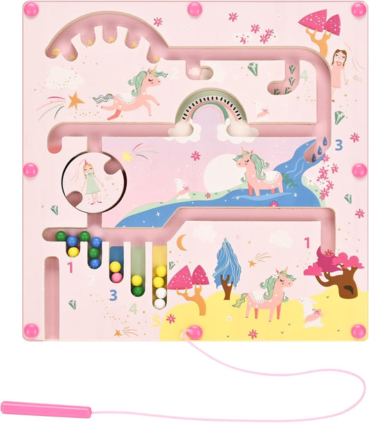 Unicorn Magnetic Maze Toy, Color & Number Sorting Game, Educational Montessori Bead Board for 3-6 Year Old Girls, Toddler Travel Learning Game, Ideal Gift