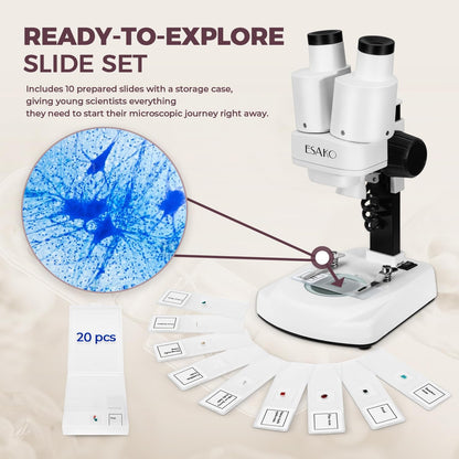 ESAKO Dual LED Kids Microscope - 52+ Piece Science Kit with Mineral & Insect Specimens, 10 Prepared Slides & 10 DIY Blank Slides, Microscope kit for Kids 8-12