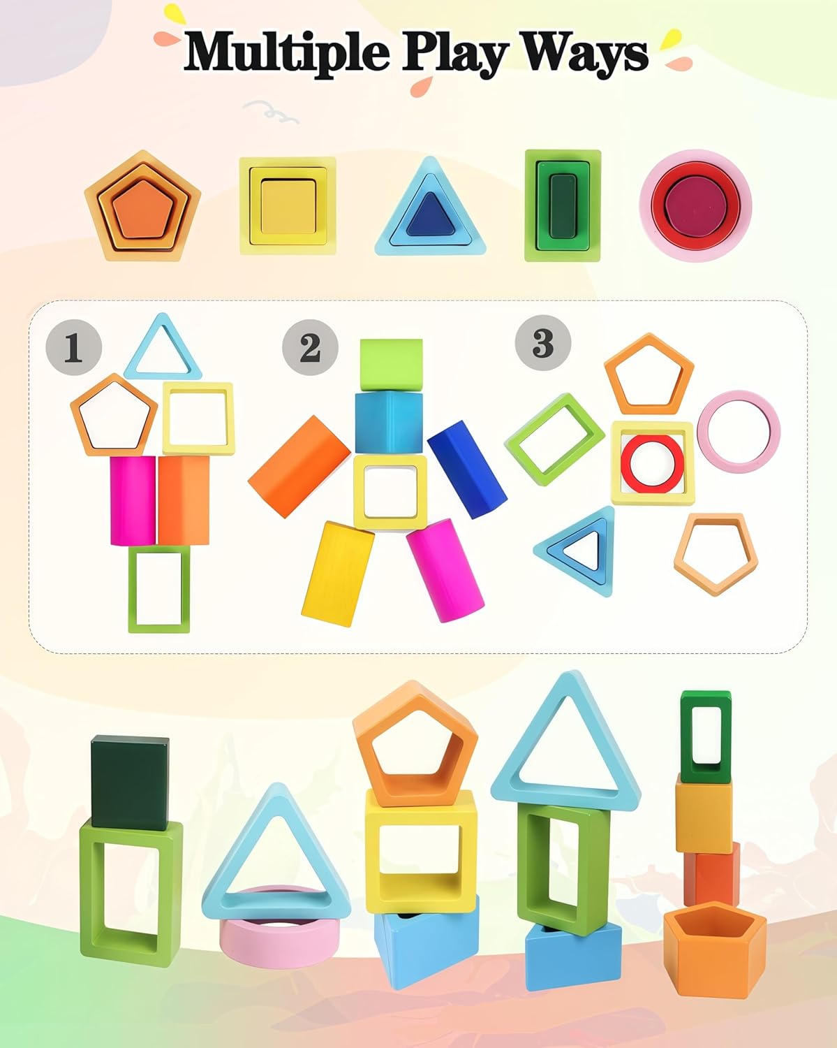 Montessori Toys for 1 2 3 Year Old Boys Girls – Shape Sorter Learning Toy, Wooden Stacking and Sorting Toys for Toddlers, Educational and Safe