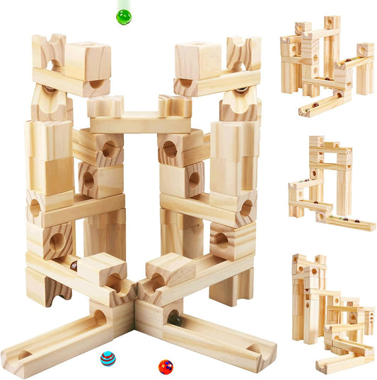 Wooden Marble Run for Kids Ages 4-8, 80 Pieces Wood Building Blocks Toys and Construction Play Set, Marble Track Maze Game STEM Learning Toys Gifts for Boys Girls (80pc Set)