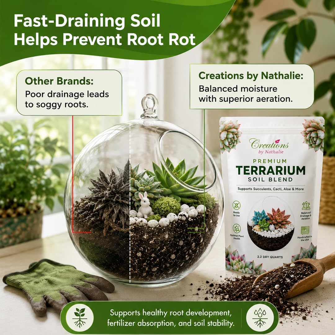 Creations by Nathalie – DIY Large Terrarium Starter Kit with Soil, Moss, Pebbles, Healing Crystal, Tools & Supplies – Terrarium Kit for Adults & Teens, Handcrafted in USA