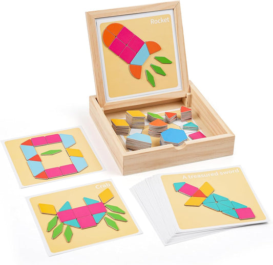 130 Pcs Wooden Magnetic Pattern Blocks Set, Montessori Tangram Puzzle with Pattern Cards & Storage Box, STEM Educational Toy for Toddlers & Kids Ages 4–8, Creative Gift for Boys & Girls