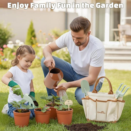 Kids Gardening Set, Quality Gardening Tools Outdoor Toys Set for Kids Toddler, Includes Tote Bag, Gloves, Watering Can, Shovel, Rake, Cultivator, Garden Tool Kit Learning Outdoor Gifts for Boys Girls