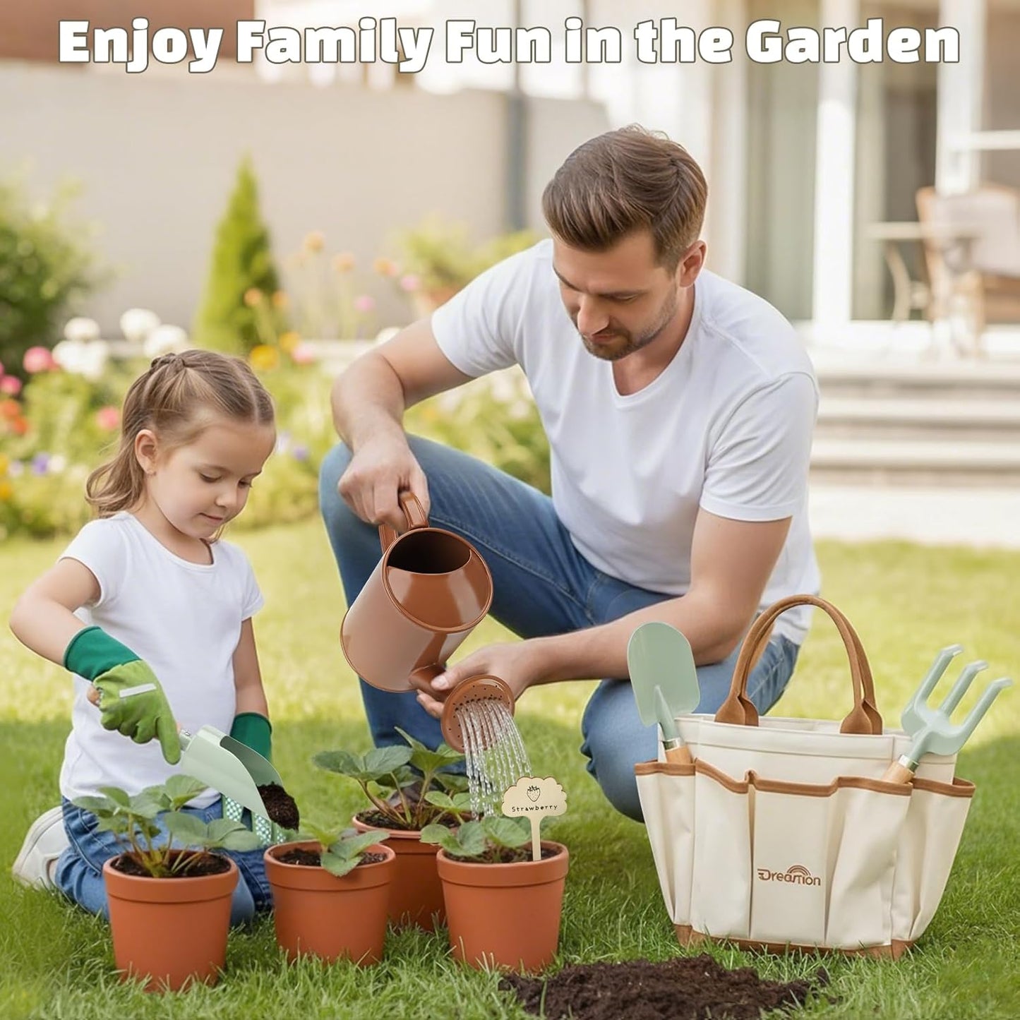 Kids Gardening Set, Gardening Tools Kit for Kids Toddler, Includes Tote Bag, Apron, Gloves, Watering Can, Shovel, Rake, Cultivator, Garden Tool Set Outdoor Toys Gifts for Boys Girls