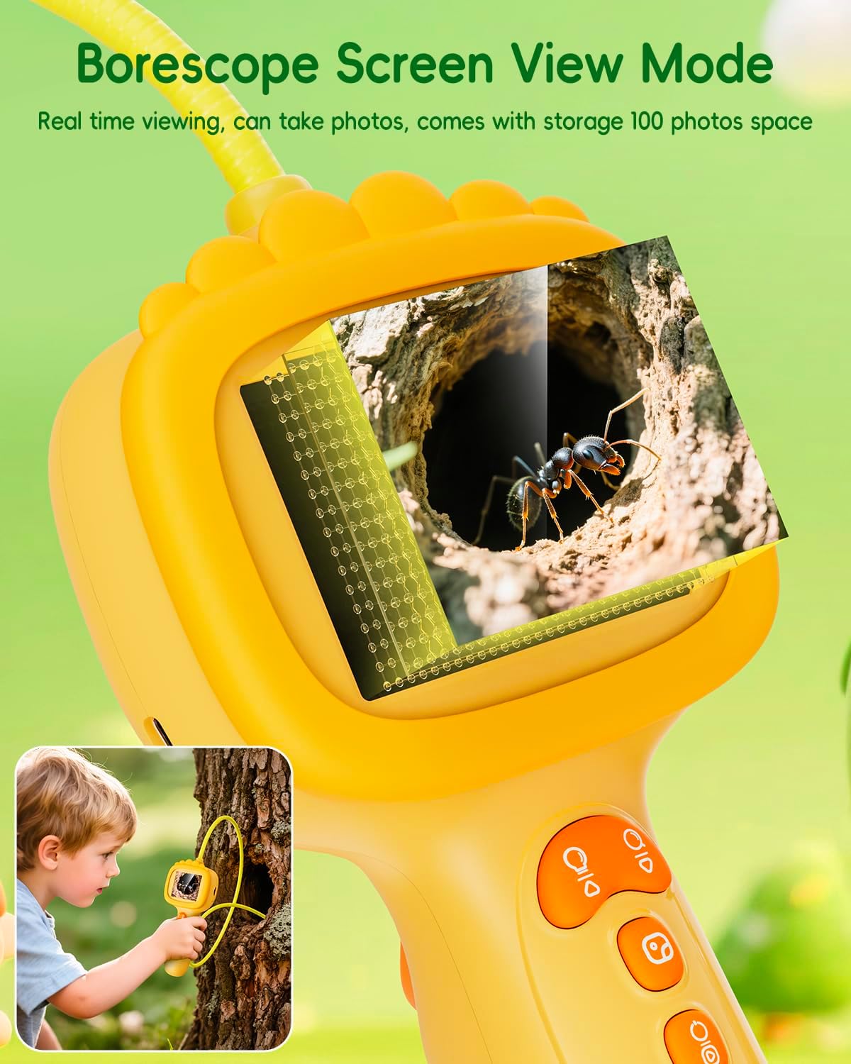 Borescope Camera with Light for Kids, Ashfly STEM Science Educational Toy for 3 4 5 6 7 8 Years Old Boys & Girls, 2.4" Screen Snake Scope Camera for Birthday Outdoor Camping Nature Exploration-Green