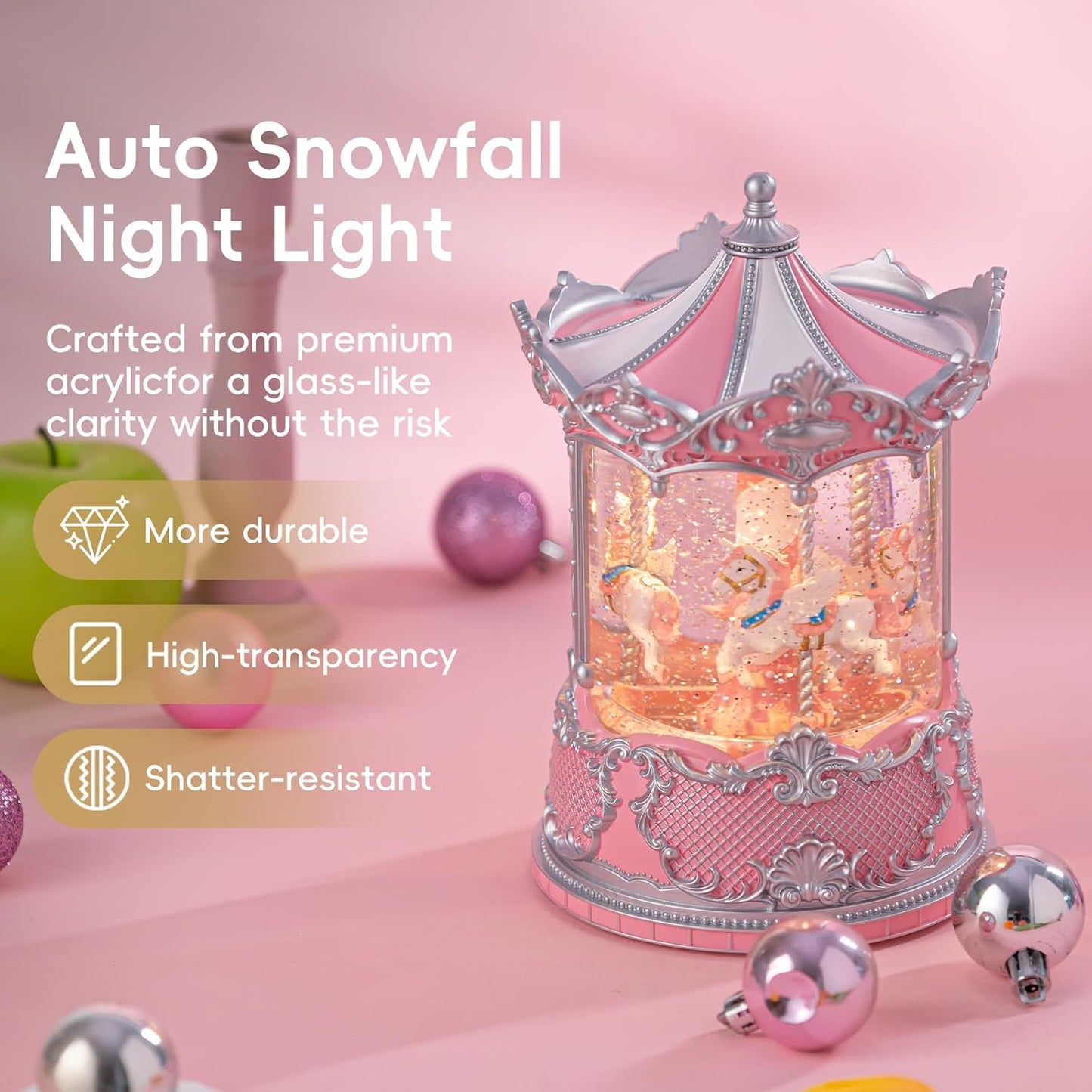 Snow Globe Lantern with Violin Girl – Shatterproof, Glitter Snowglobe 10 Songs Music Box, Led Light, USB or Battery Powered, for Girls Spring Day Gifts Birthday Home Decor Fall Decoration, Silver