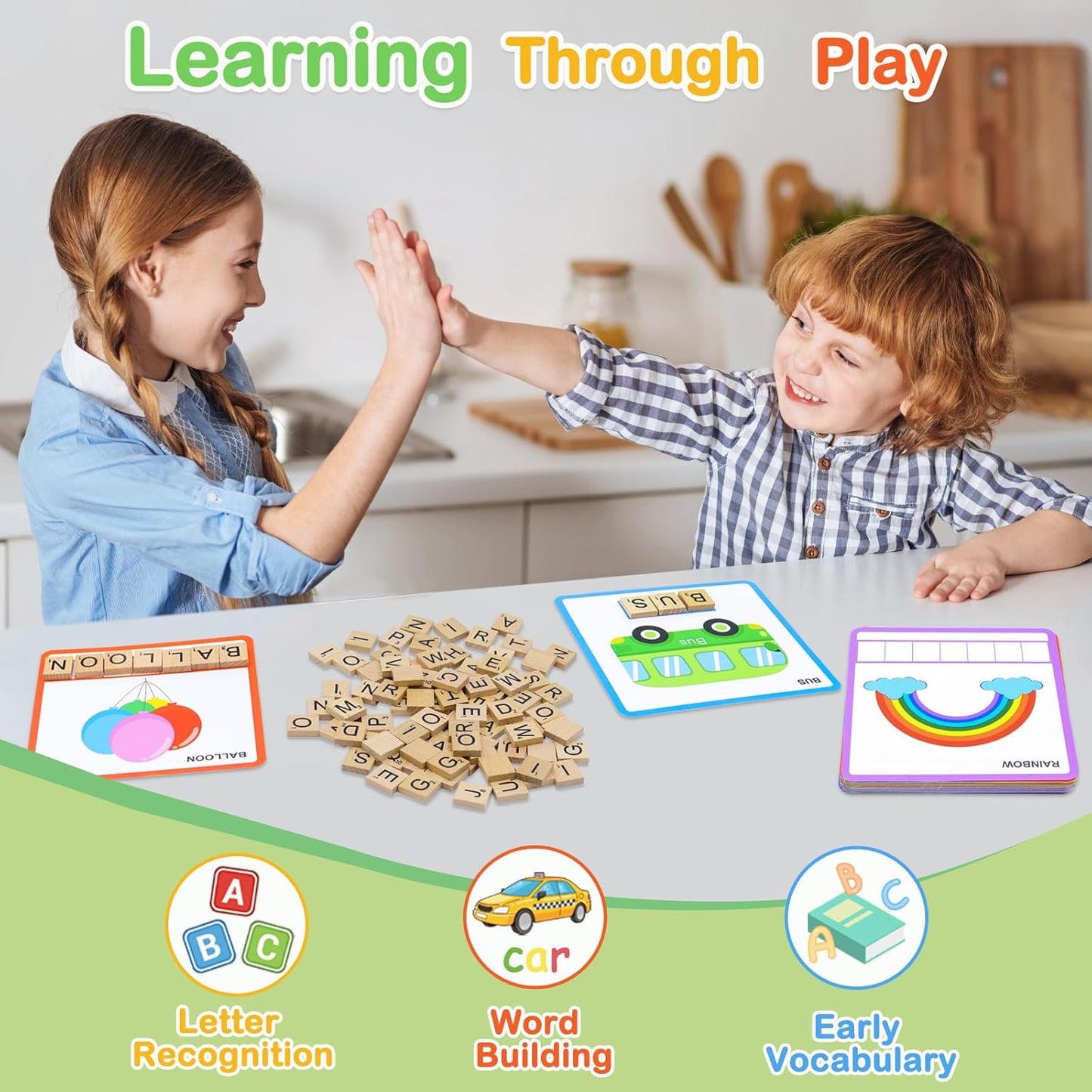 Spelling Game for Kids Ages 3-8, Word Building & Sight Word Games, Phonics Learning Toy with 100 Wooden Letter Tiles & 30 Double-Sided Flashcards, Preschool Kindergarten Early Reading Game