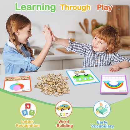 Spelling Game for Kids Ages 3-8, Word Building & Sight Word Games, Phonics Learning Toy with 100 Wooden Letter Tiles & 30 Double-Sided Flashcards, Preschool Kindergarten Early Reading Game