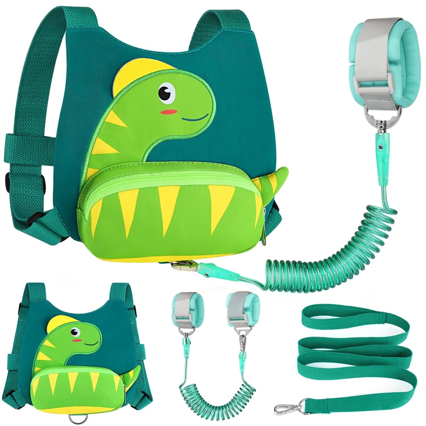 3 in 1 Toddler Harness Leash + Baby Anti Lost Wrist Link, Accmor Cute Dinosaur Child Safety Harness Tether, Kids Walking Wristband Assistant Strap Belt for Parent Boys Outdoor Activity (Black)