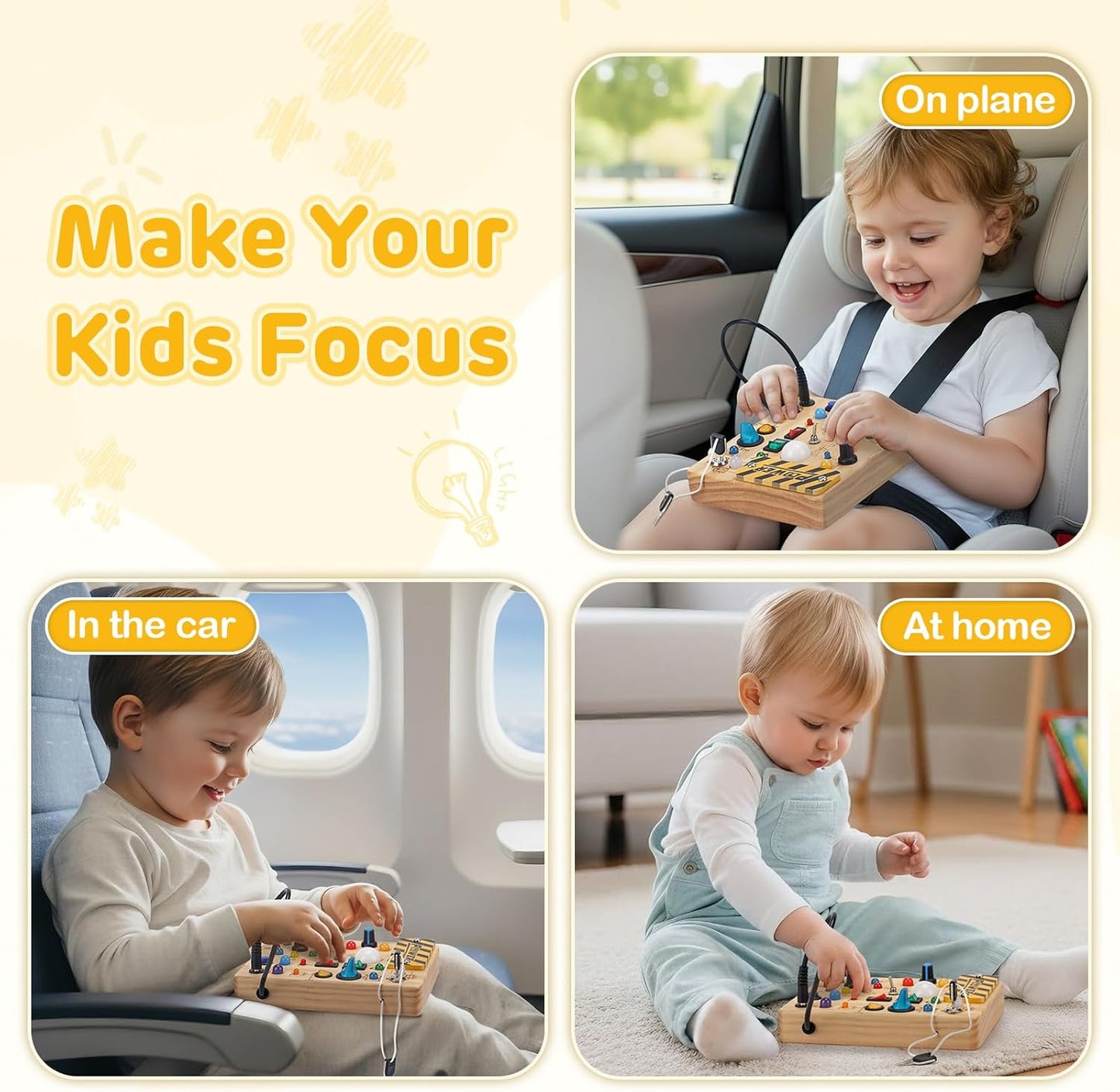 Sanlebi LED Busy Board for Toddlers 1-3,Montessori Toy with Key Switch, Light Up Wood Activity Sensory Board for Fine Motor Skills, Educational Travel Toy Gift for 1 2 3 Year Old Boys Girl