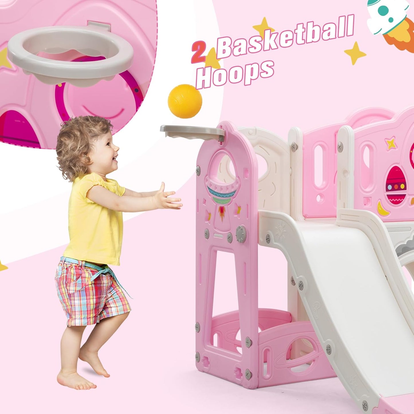 NYEEKOY 9 in 1 Toddler Slide and Climber Playset Freestanding Backyard Playground for Children Age 1-4, Indoor Outdoor Kids Slide with Basketball Hoop,Telescope, Ring-toss and Storage Space
