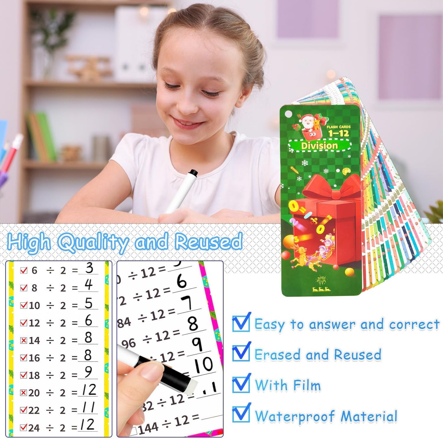 0-12 Multiplication Flash Cards, Large Educational Math, Times Table Flashcards Chart, with 15 Cards, 2 Dry Erase Markers, 1 Rings, Educational Multiplication for Classroom Home