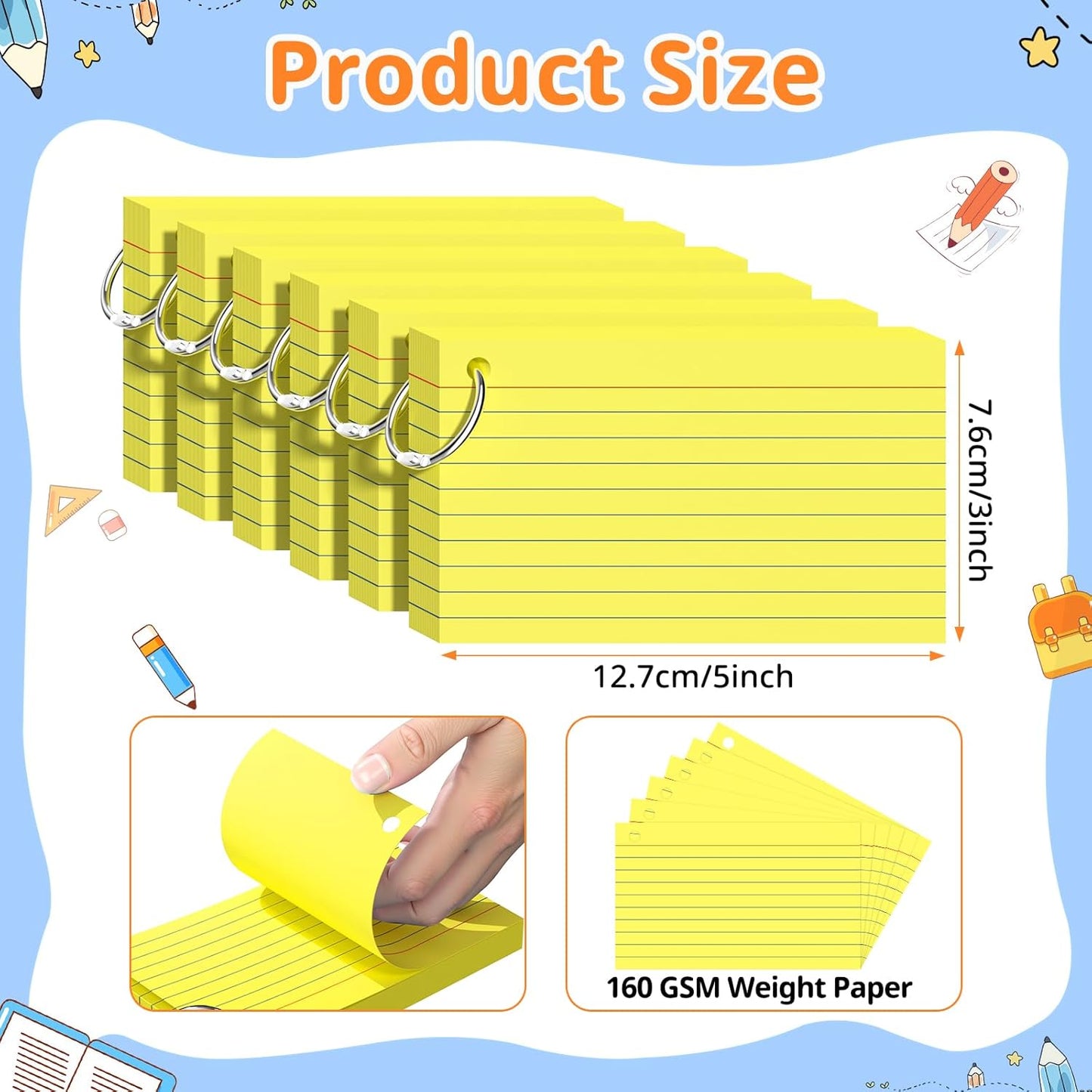 Index Cards 3x5 Inches, 300 PCS, Colored Flash Cards With Ring, Punched Lined Study Card Ruled Flashcards Notecards, Ruled Front And Blank Back, Note Card for School, College And Home