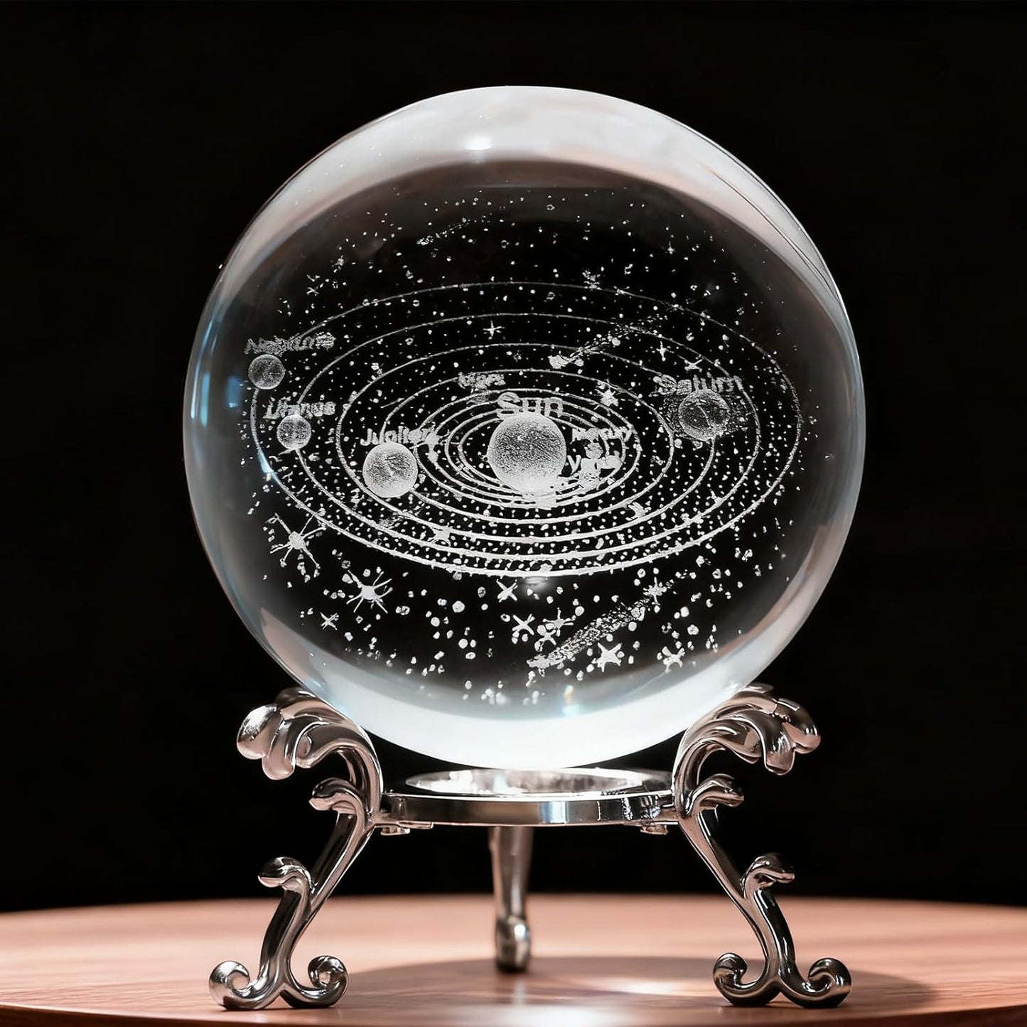 3D Solar System Crystal Ball with Stand 60mm Laser Engraved Glass Sphere Planet Model Decor Space Universe Gifts for Astronomy Lovers