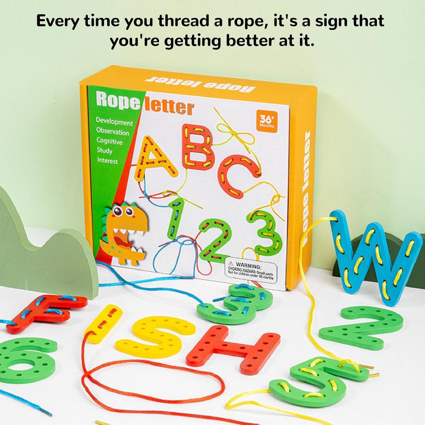 Lacing Alphabet and Number Cards, Wooden Threading Letters Beads with 8 Strings for Early Spelling, Number Alphabet Lacing Cards for Boys Girls