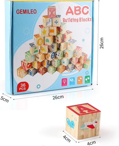 Wooden ABC Toy Building Blocks for Toddlers 1-3 36 PCS Wood Alphabet Number Blocks for Stacking Learning Preschool Educational Montessori Sensory Toys for Kids Boys Girls Gifts 1.7"