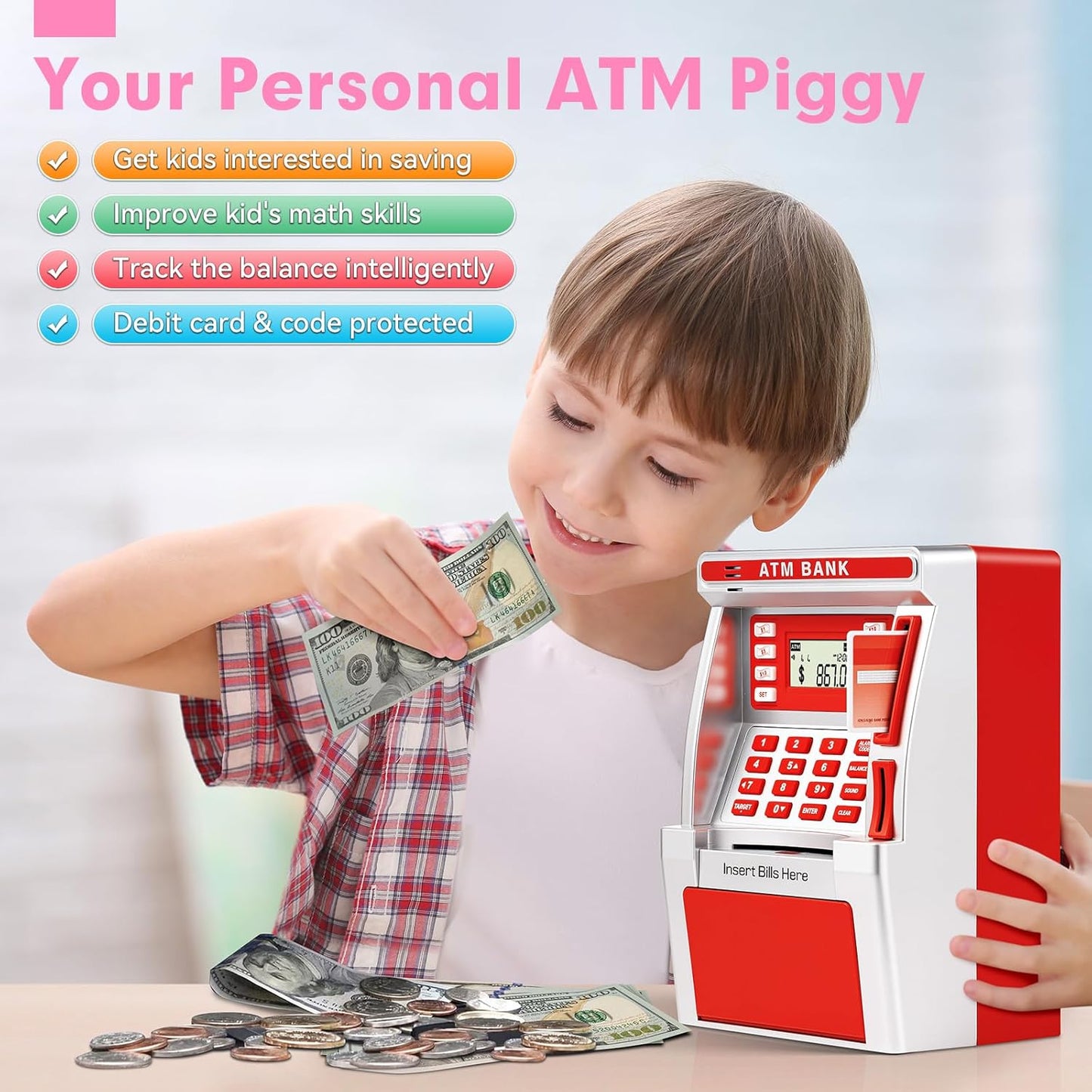 BAODLON Piggy Bank for Kids, ATM Machine Bank for Real Money with Debit Card, Bill Feeder, Coin Recognition, Balance Calculator, Electronic Savings Safe Box, Cool Stuff Toys Gifts for Teen Boys Girls