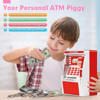 BAODLON Piggy Bank for Kids, ATM Machine Bank for Real Money with Debit Card, Bill Feeder, Coin Recognition, Balance Calculator, Electronic Savings Safe Box, Cool Stuff Toys Gifts for Teen Boys Girls