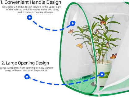 Outdoor Pop-up Large Insect and Butterfly Net Habitat，Windproof Trapezoidal Design，Collapsible Caterpillar Growing Mesh Cage Terrarium