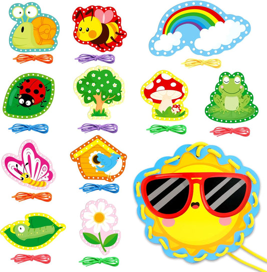 Omlisca Springtime Lacing Cards for Kids 12 Packs Double Sided Sewing Kits Flower Rainbow Butterfly Sewing Cards Educational & Learning Activities Fine Motor Skill for Preschool Supplies Spring Decor