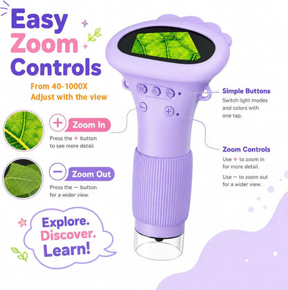 Kids Microscope Digital Camera, 1000X Handheld Camera Microscope for Kids with 2'' Screen, Educational Magnifying Glass Toy Christmas Birthday Gifts for Age 3 4 5 6 7 8 9 10 11 12 Girls Boys - Purple