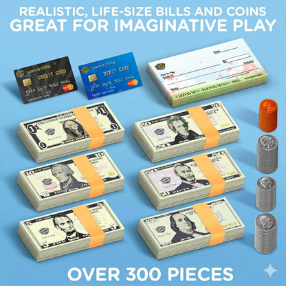 Play Money Set for Kids, Fake Pretend Cash – Looks Real, Best Toy Currency for Fun and Learning – Kit Includes: Bills, Coins, Credit Card, and Checkbook