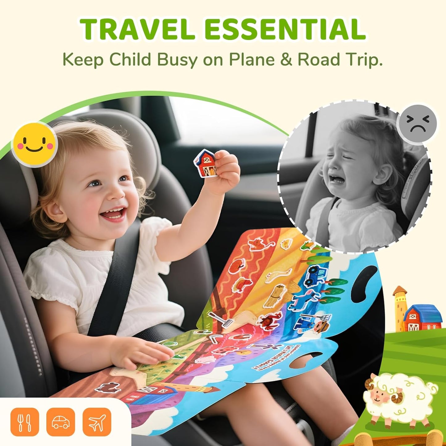 JoyCat Reusable Sticker Book Set (3-Pack): Farm, Pizza-Making, Weather - 90 Pcs Stickers for Toddlers, Kids Sticker Activity Book, Road Trip Travel Toys, Birthday Gifts for Boys and Girls