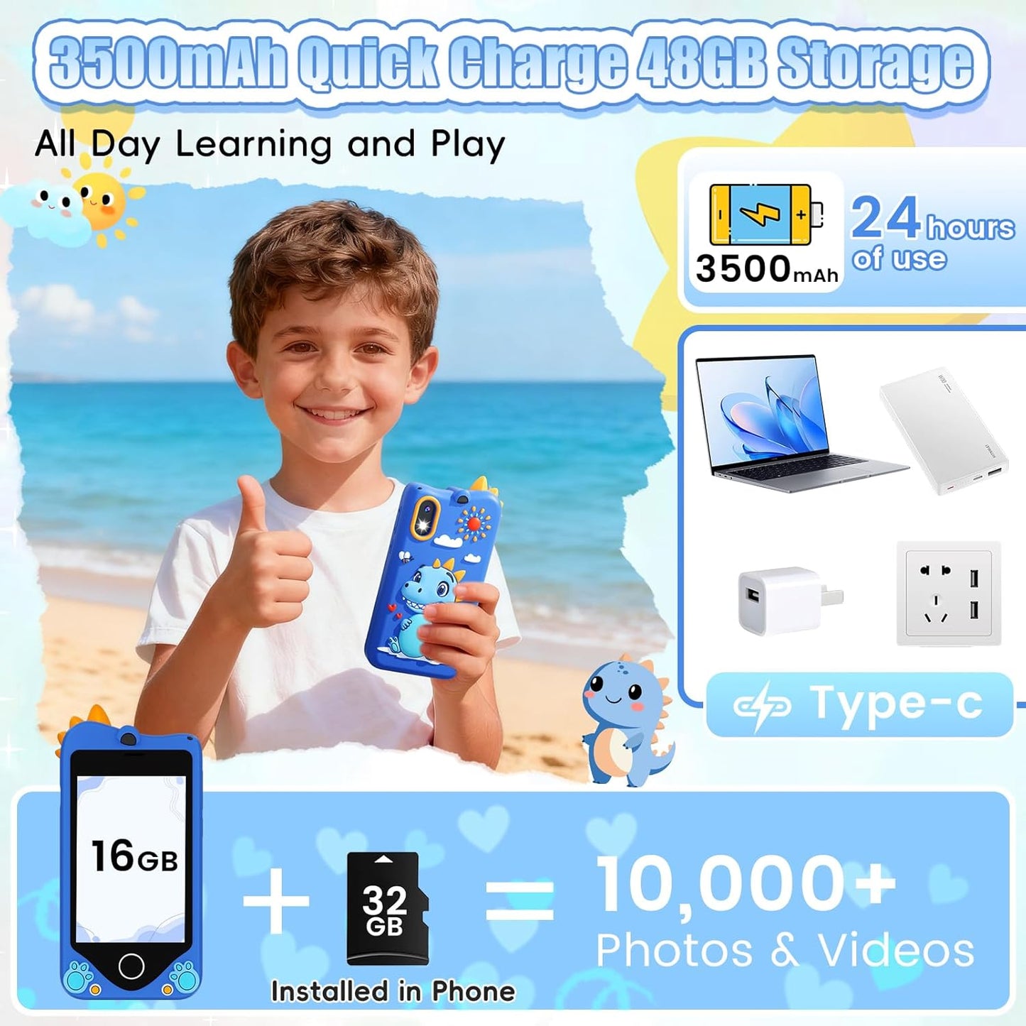 PROGRACE Kids Smart Phone - Talk & Text Learning Toys Cell Phone with Parental Controls, Safe Apps, 4.2" Touchscreen, Dual Camera, Games, Christmas Birthday Gifts for Kids Boys Girls Ages 5-14
