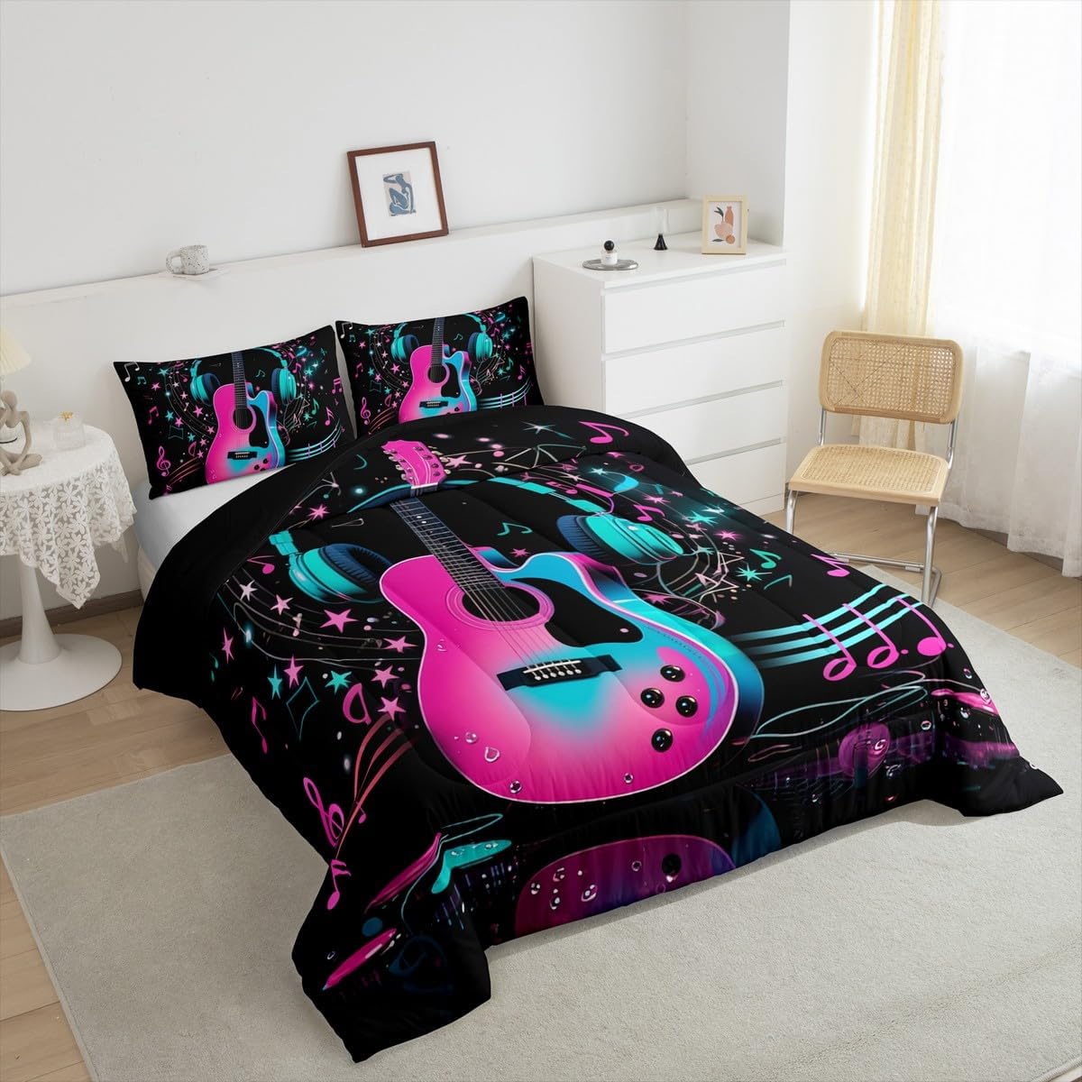 Erosebridal Drum Kit 3D Print Kids Comforter Sets Rock Music Themed Full Bedding Set for Boys Girls Musical Pattern Comforter Set,Colorful Retro Style Quilt Duvet 3 Pcs