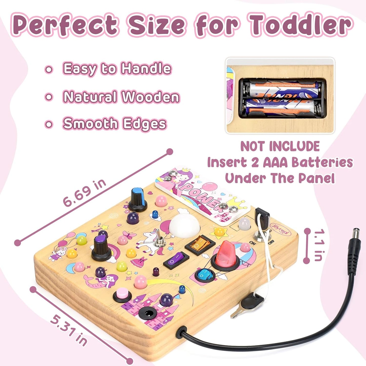 Joyreal Busy Board with 19 LED Lights and 10 Switches, Montessori Toys for 1 2 3 Year Old, Wooden Sensory Activity Board for Toddlers, Travel Toys for Toddler 1-3 Plane Car, Birthday Gifts for Girls