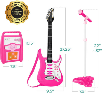 Best Choice Products Kids Electric Guitar Set with Microphone & Amp, Interactive Musical Toy for Boys & Girls, Lights & Sounds, Demo Songs, AUX Input, DIY Stickers - Blue