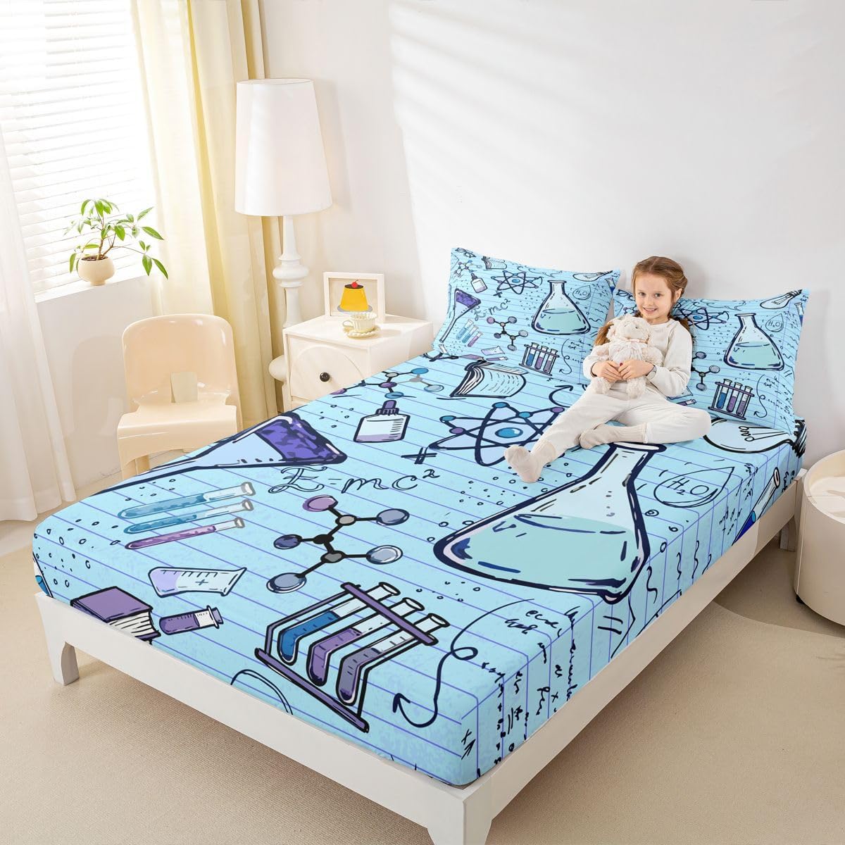 Erosebridal Chemistry Lab Fitted Sheet Twin Size Chemical Equation Bed Sheets for Boys Girls Chemical Elements Science Theme Bed Set Teens Kids Science Students Bedding Set School Dorm Room Decor