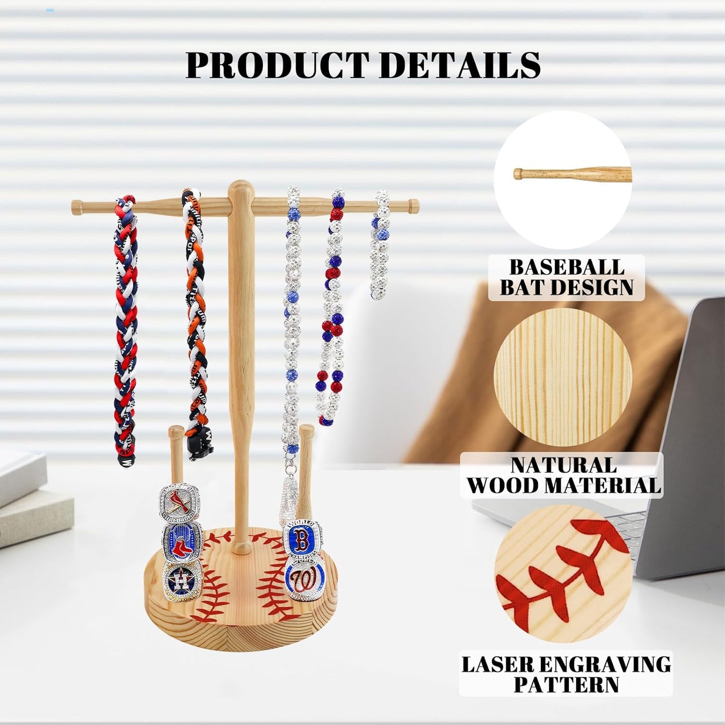rain bunny Wooden Baseball or Softball Drip Necklace Organizer Holder, Championship Ring Display Holder, Softball Ring Holder, Drip Necklace Baseball Display Gift (Walnut Red)